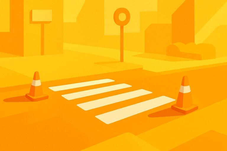 Colorful road crossing scene with warm orange and yellow tones